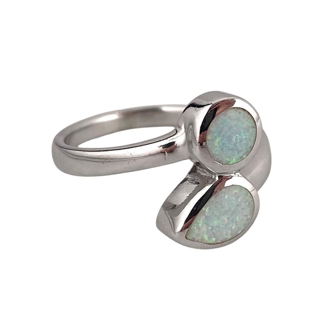 White Lab Opal Pear Circle Ring Sterling Silver