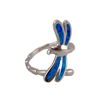 Blue Lab Opal Wrapped Dragonfly Ring Sterling Silver