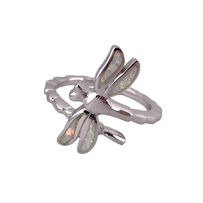 White Lab Opal Wrapped Dragonfly Ring Sterling Silver