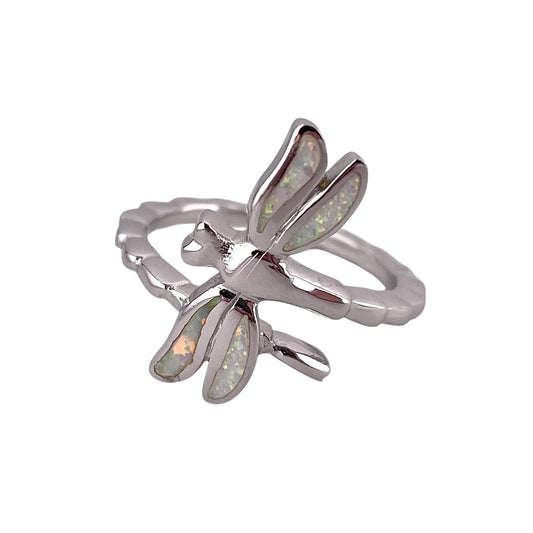 White Lab Opal Wrapped Dragonfly Ring Sterling Silver