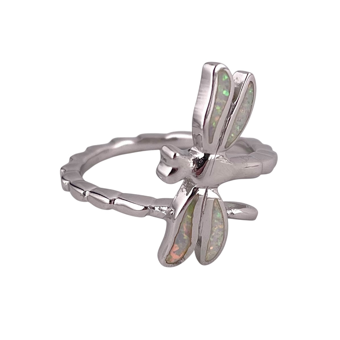 White Lab Opal Wrapped Dragonfly Ring Sterling Silver
