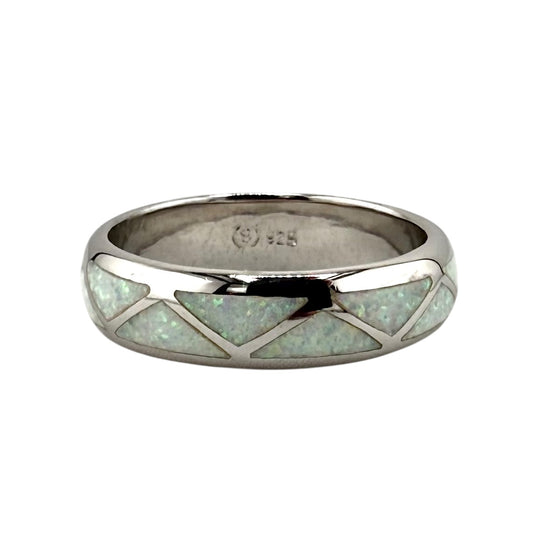 White Lab Opal Triangle Pattern Ring Sterling Silver