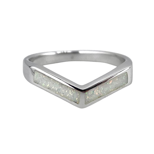 White Lab Opal Chevron Ring Sterling Silver