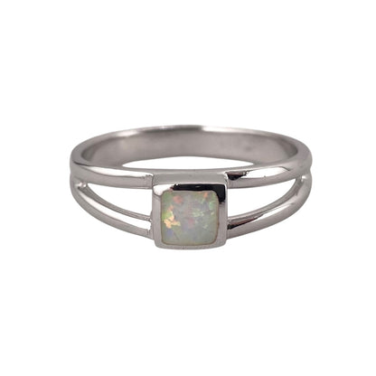White Lab Opal Square Ring Sterling Silver