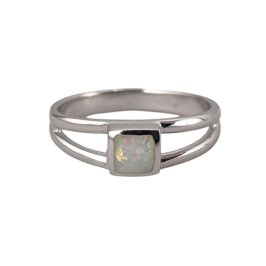 White Lab Opal Square Ring Sterling Silver