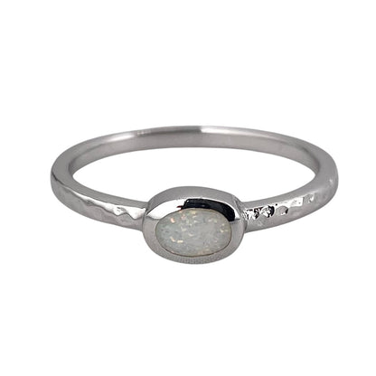 White Lab Opal Oval Ring Sterling Silver