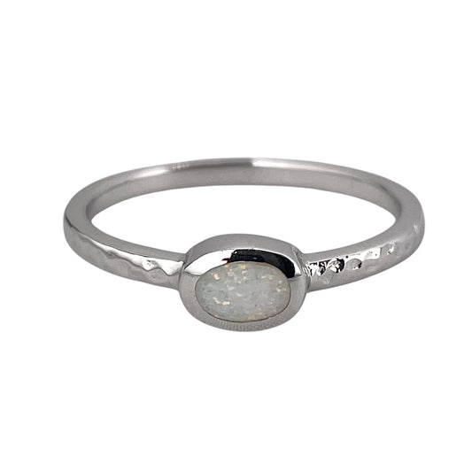 White Lab Opal Oval Ring Sterling Silver