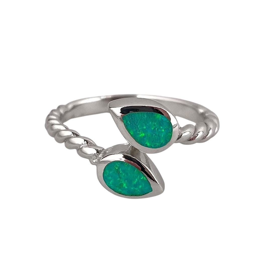 Green Lab Opal Double Pear Shape Wrap Ring Sterling Silver