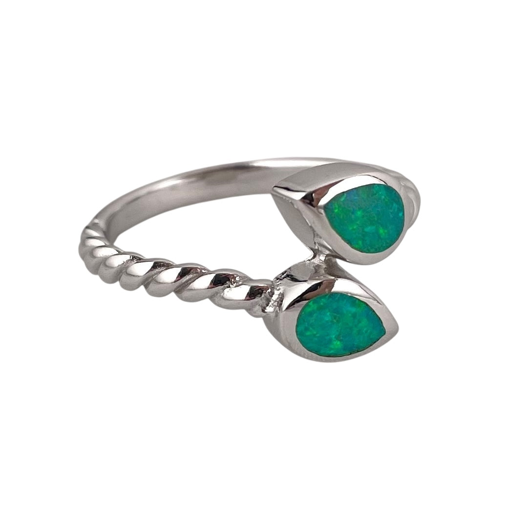 Green Lab Opal Double Pear Shape Wrap Ring Sterling Silver