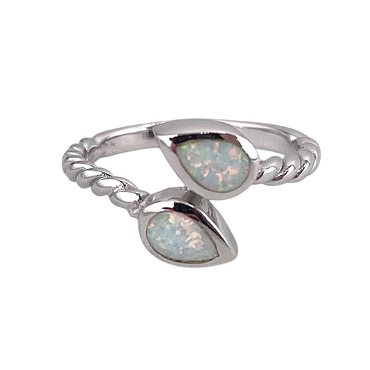 White Lab Opal Double Pear Shape Wrap Ring Sterling Silver