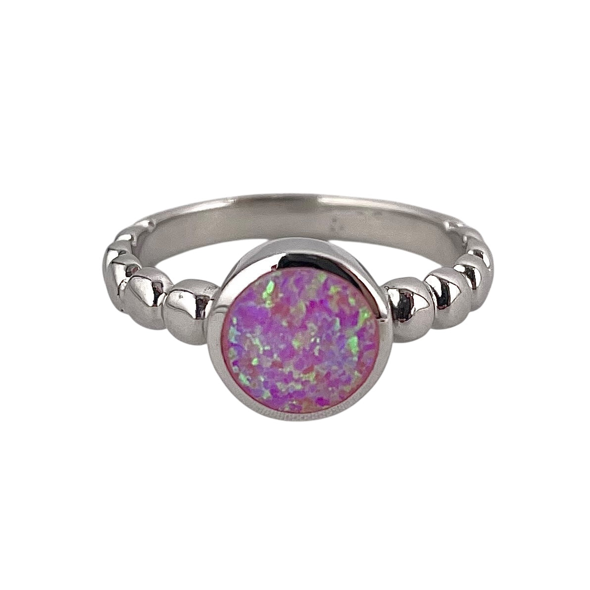 Pink Lab Round Opal Bead Band Ring Sterling Silver