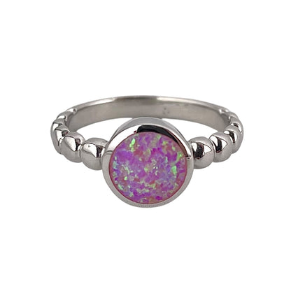 Pink Lab Round Opal Bead Band Ring Sterling Silver