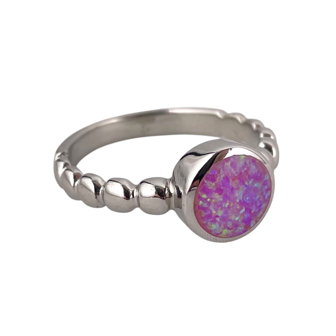 Pink Lab Round Opal Bead Band Ring Sterling Silver