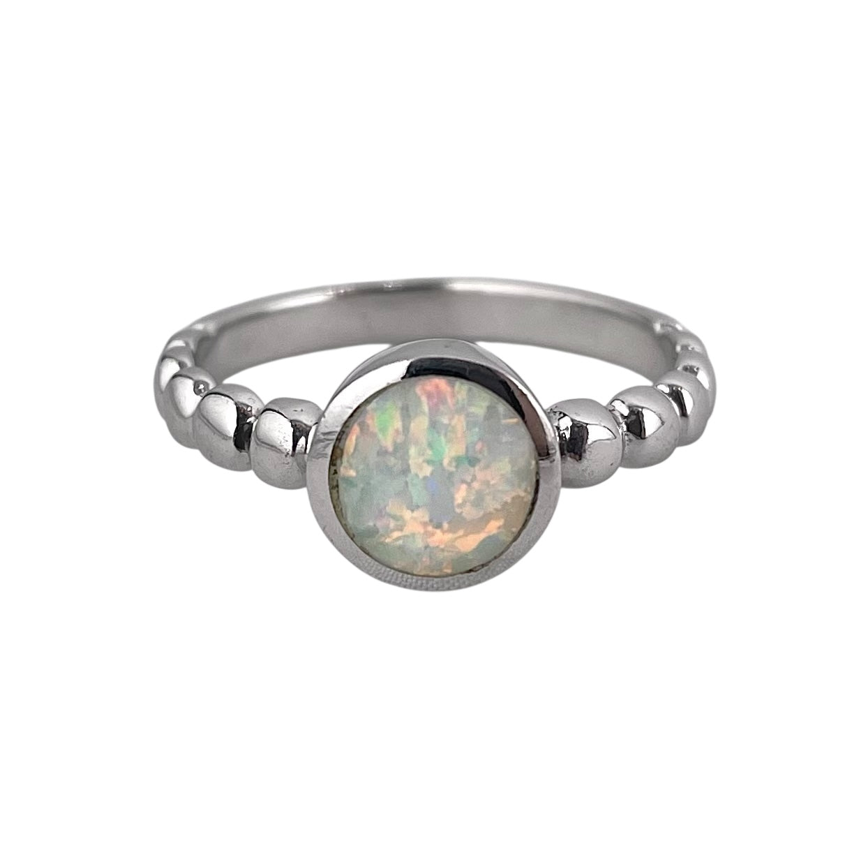 White Lab Round Opal Bead Band Ring Sterling Silver