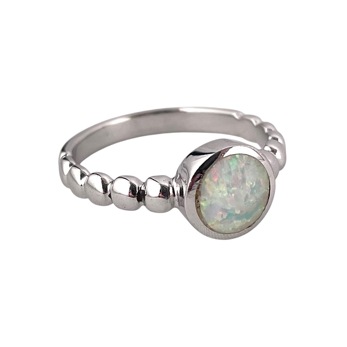 White Lab Round Opal Bead Band Ring Sterling Silver