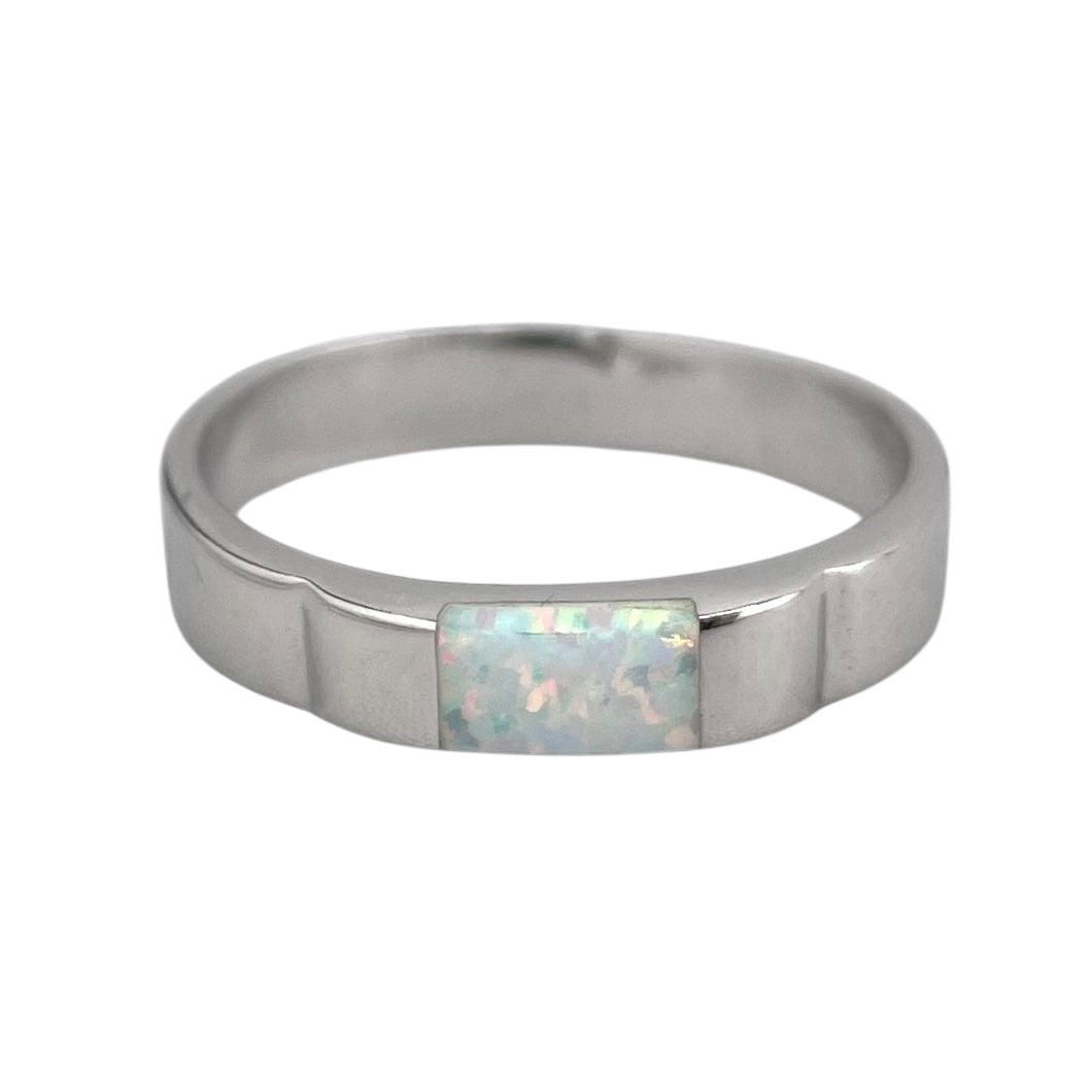 White Lab Opal Rectangle Ring Sterling Silver