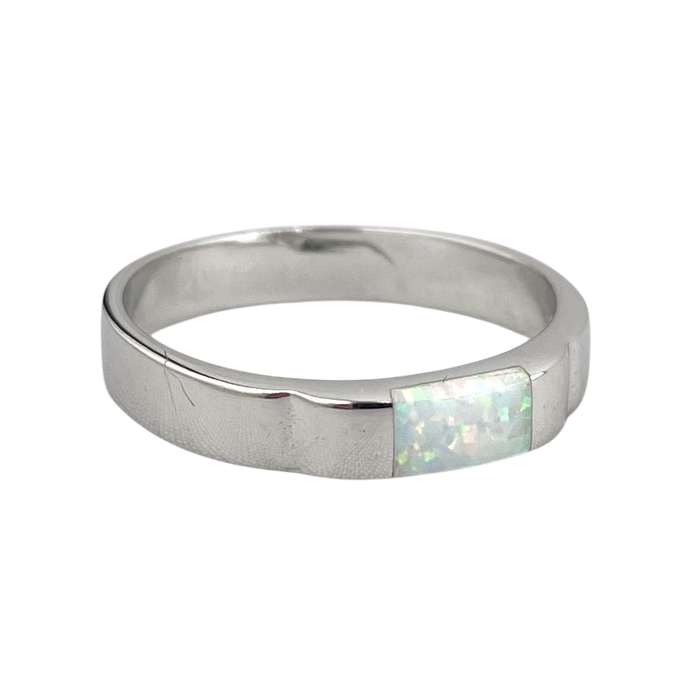 White Lab Opal Rectangle Ring Sterling Silver