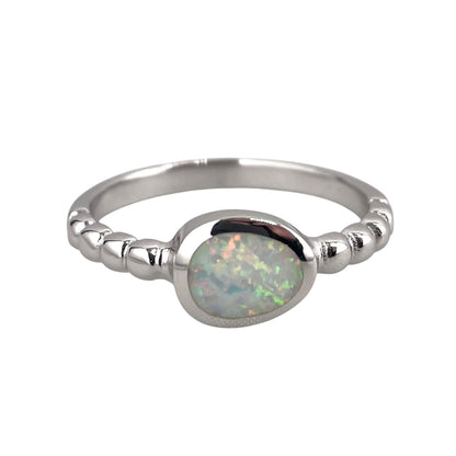 White Lab Round Pear Opal Bead Band Ring Sterling Silver