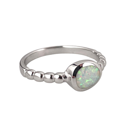 White Lab Round Pear Opal Bead Band Ring Sterling Silver