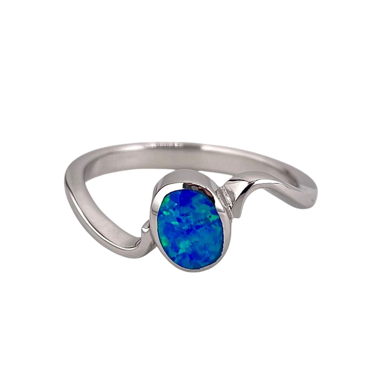 Blue Lab Oval Opal Wave Band Ring Sterling Silver