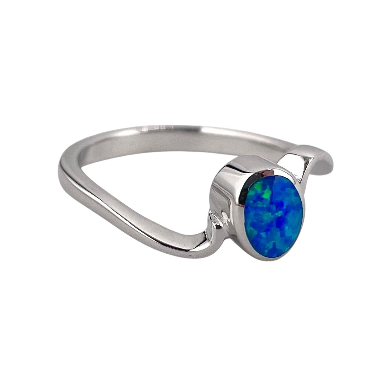 Blue Lab Oval Opal Wave Band Ring Sterling Silver