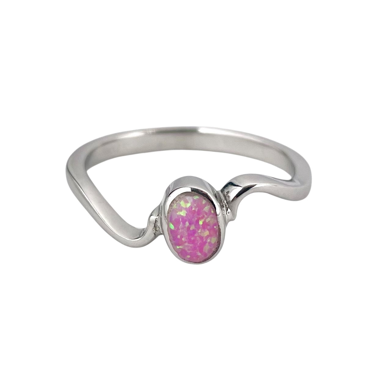 Pink Lab Oval Opal Wave Band Ring Sterling Silver