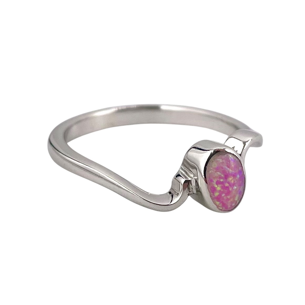 Pink Lab Oval Opal Wave Band Ring Sterling Silver