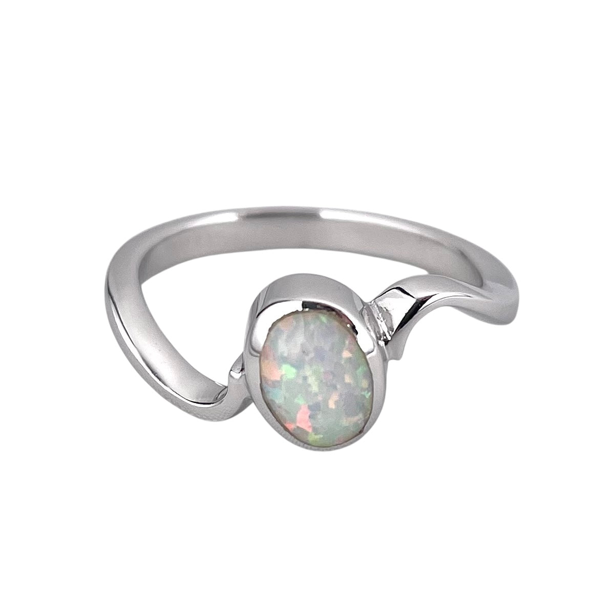 White Lab Oval Opal Wave Band Ring Sterling Silver