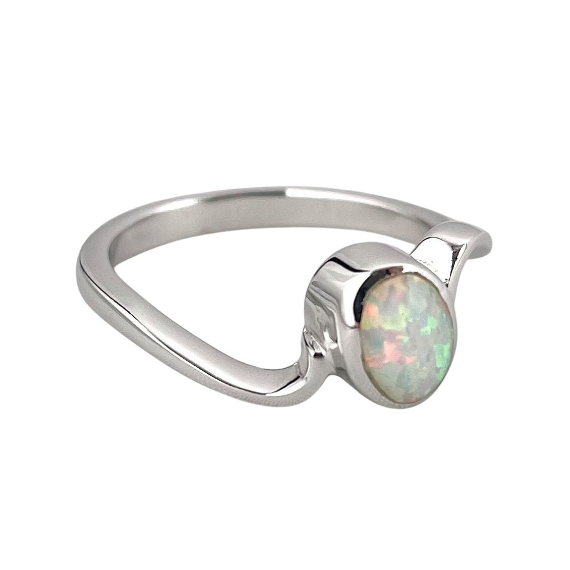 White Lab Oval Opal Wave Band Ring Sterling Silver