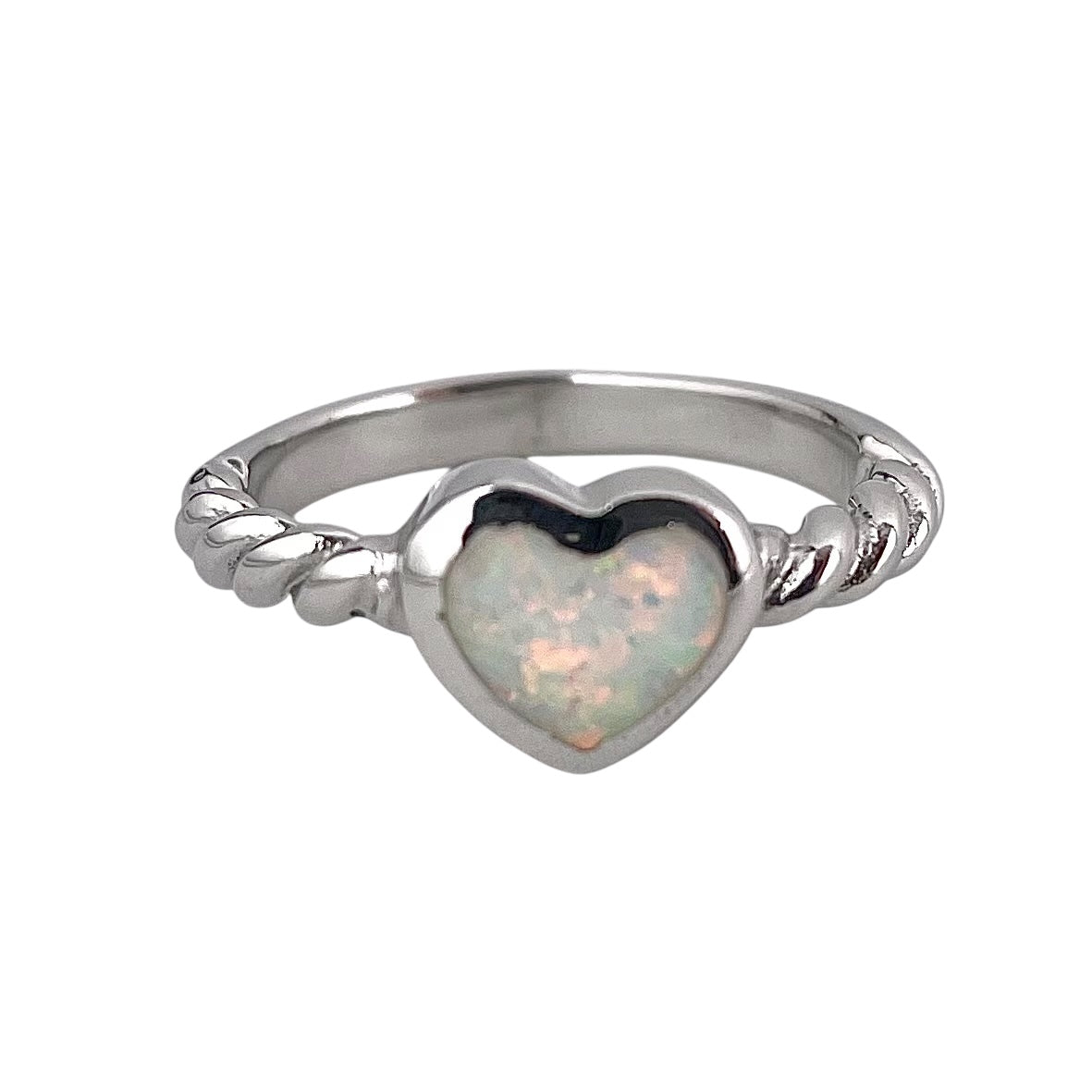 White Lab Heart Opal Rope Band Ring Sterling Silver