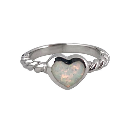 White Lab Heart Opal Rope Band Ring Sterling Silver