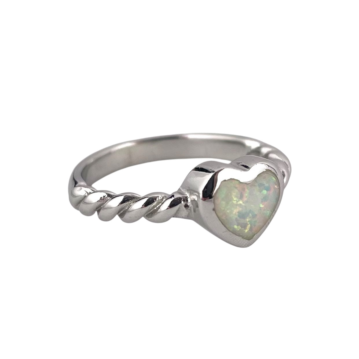 White Lab Heart Opal Rope Band Ring Sterling Silver