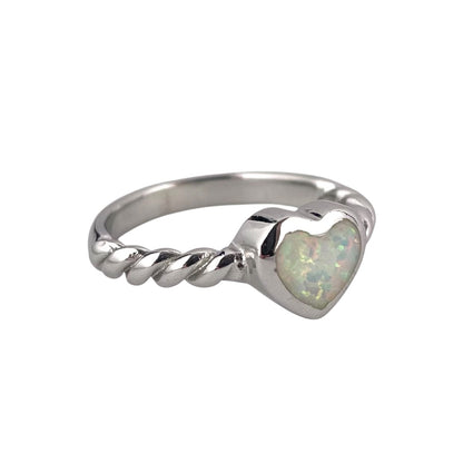 White Lab Heart Opal Rope Band Ring Sterling Silver