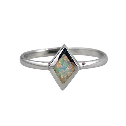 White Lab Opal Diamond Shape Ring Sterling Silver