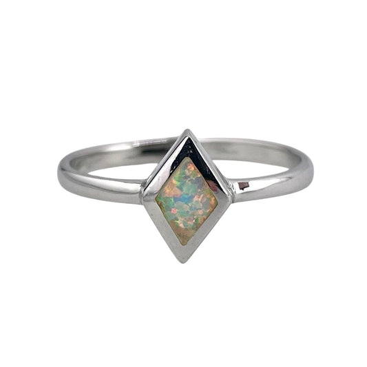 White Lab Opal Diamond Shape Ring Sterling Silver