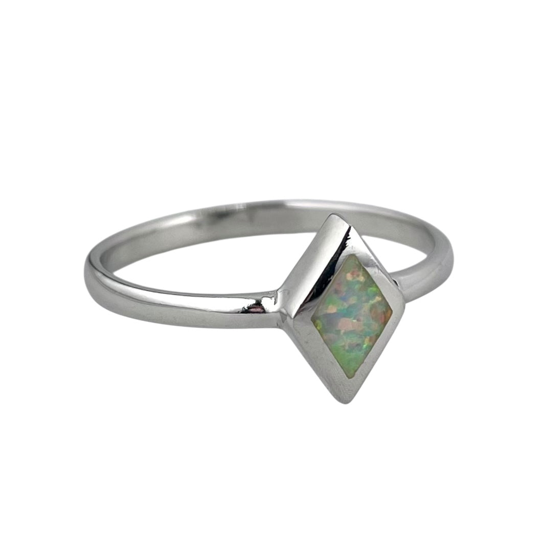 White Lab Opal Diamond Shape Ring Sterling Silver