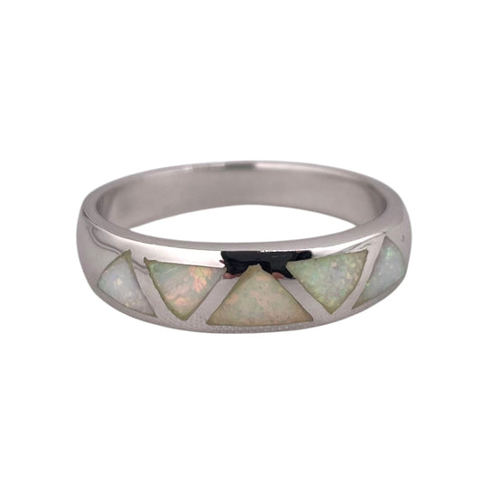 White Lab Opal Triangle Pattern Ring Sterling Silver