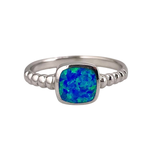 Blue Lab Square Opal Bead Band Ring Sterling Silver
