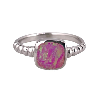 Pink Lab Square Opal Bead Band Ring Sterling Silver