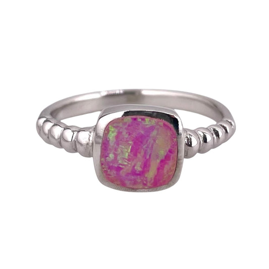 Pink Lab Square Opal Bead Band Ring Sterling Silver