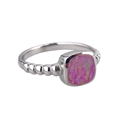 Pink Lab Square Opal Bead Band Ring Sterling Silver
