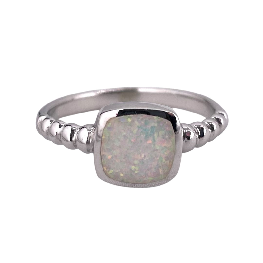 White Lab Square Opal Bead Band Ring Sterling Silver
