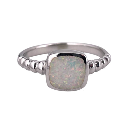 White Lab Square Opal Bead Band Ring Sterling Silver