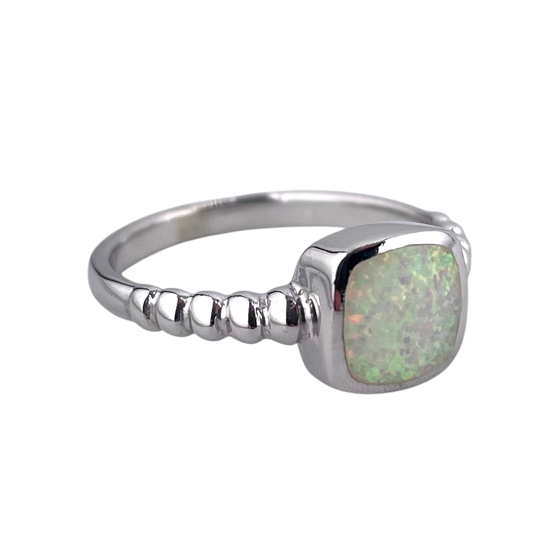 White Lab Square Opal Bead Band Ring Sterling Silver