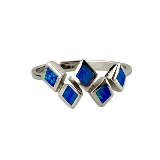 Blue Lab Opal Stacked Diamond Ring Sterling Silver