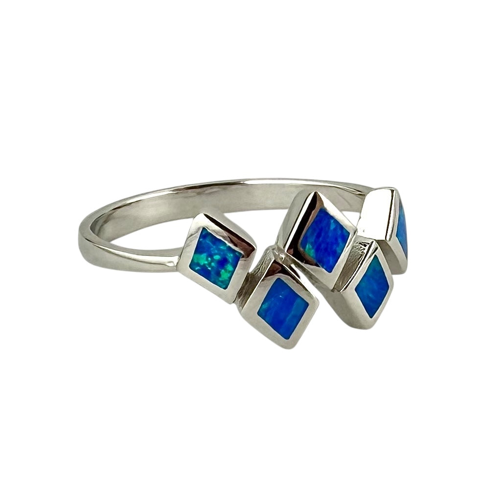 Blue Lab Opal Stacked Diamond Ring Sterling Silver