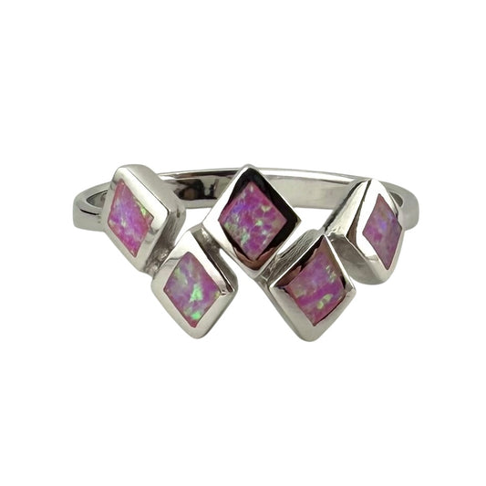 Pink Lab Opal Stacked Diamond Ring Sterling Silver