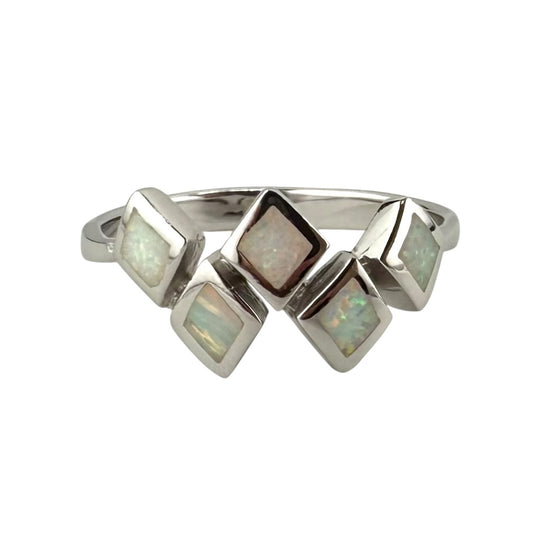 White Lab Opal Stacked Diamond Ring Sterling Silver