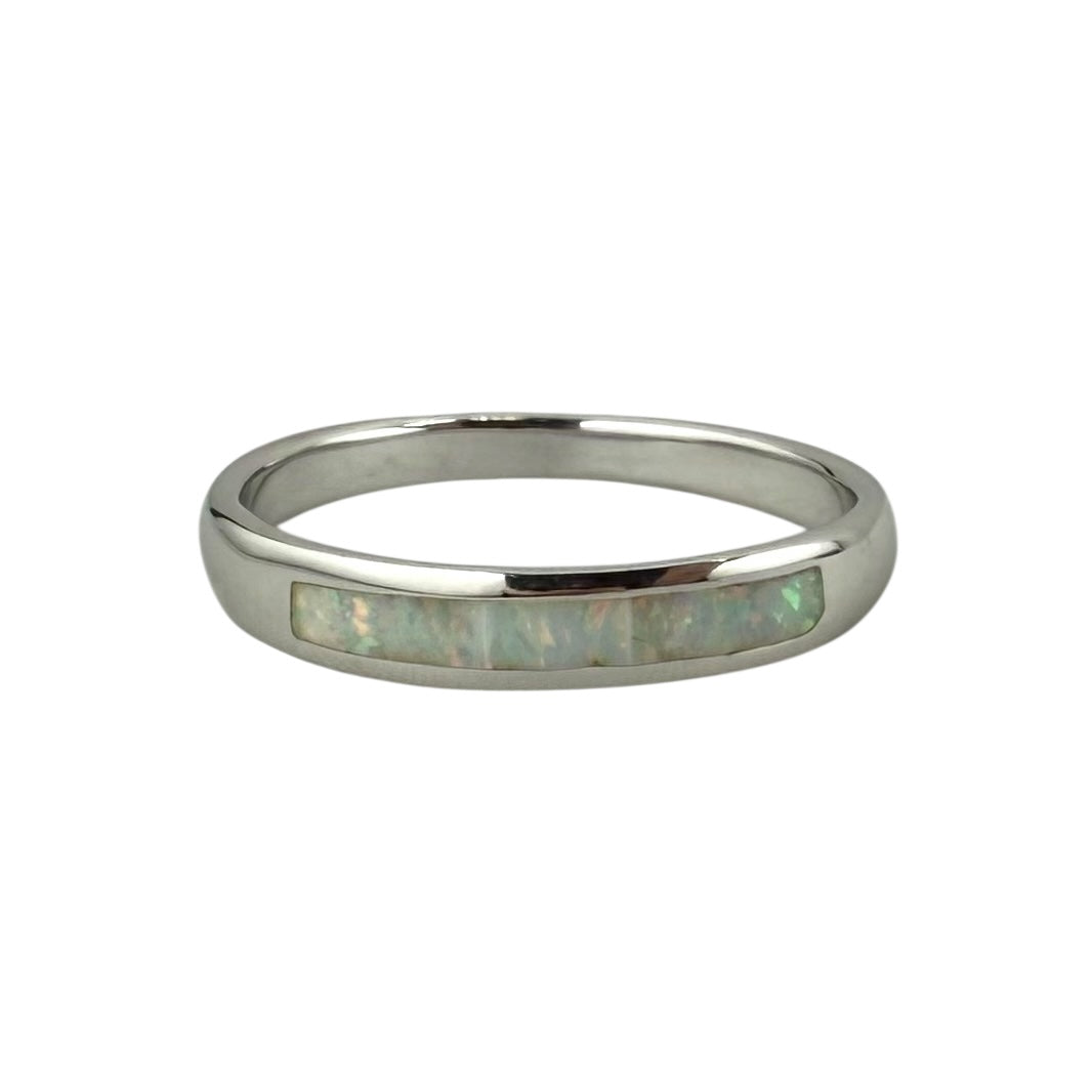 White Lab Opal Rectangle Bar Ring Sterling Silver