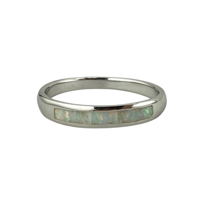 White Lab Opal Rectangle Bar Ring Sterling Silver